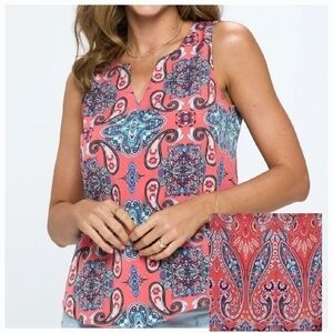 Rose & Olive Salmon Coral Pink Paisley Print Sleeveless V Notch Neck Top